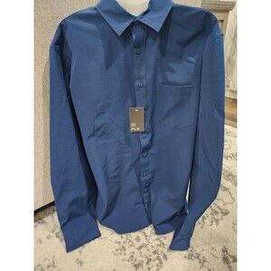 NEW FLX Mens Performance Untucked-Fit Long Sleeve Button Down Shirt Size LT Navy